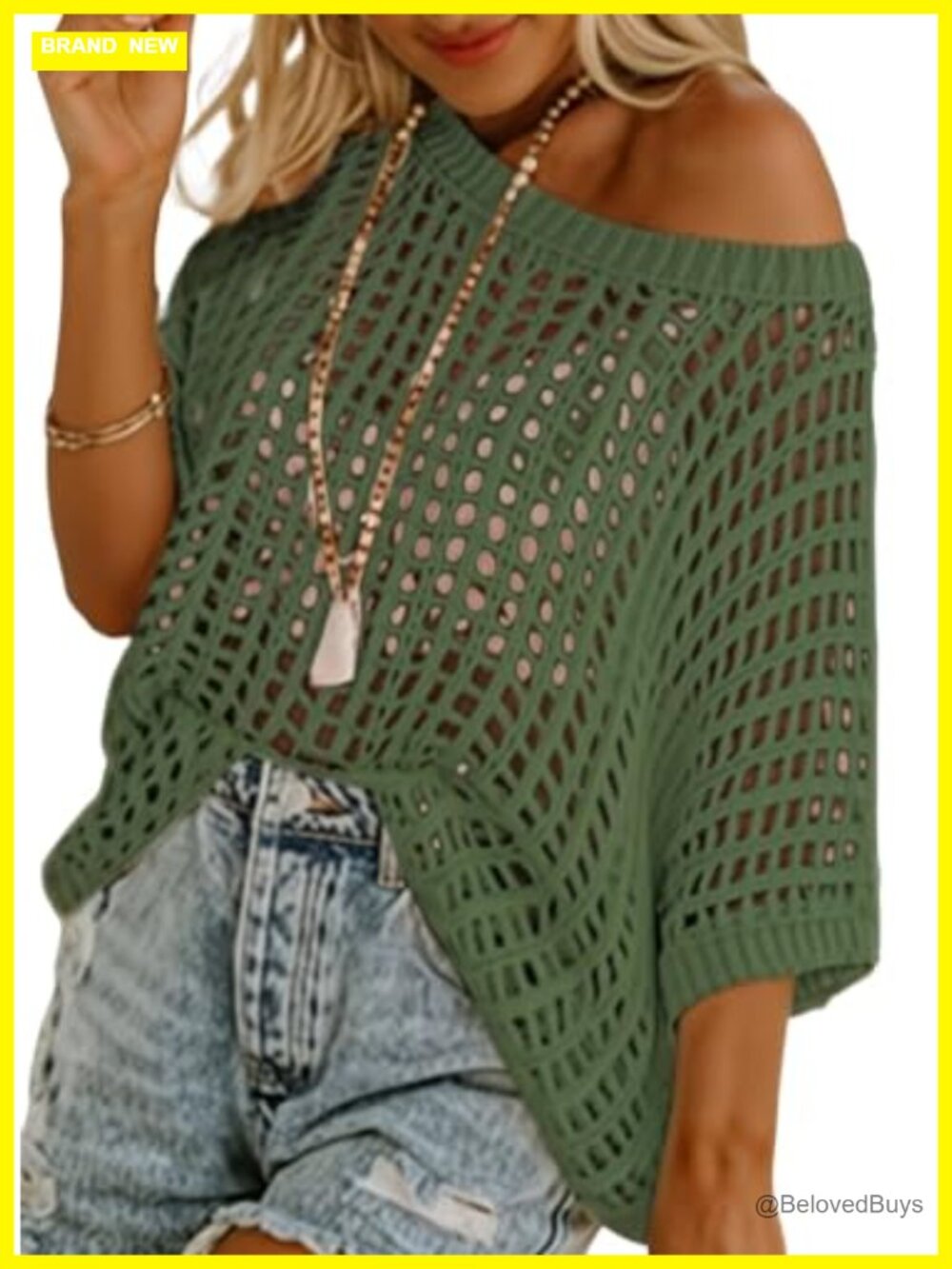 Womens Crochet Hollow Out Knit Sweater Short Sleeve Scoop Neck Pullover Beach